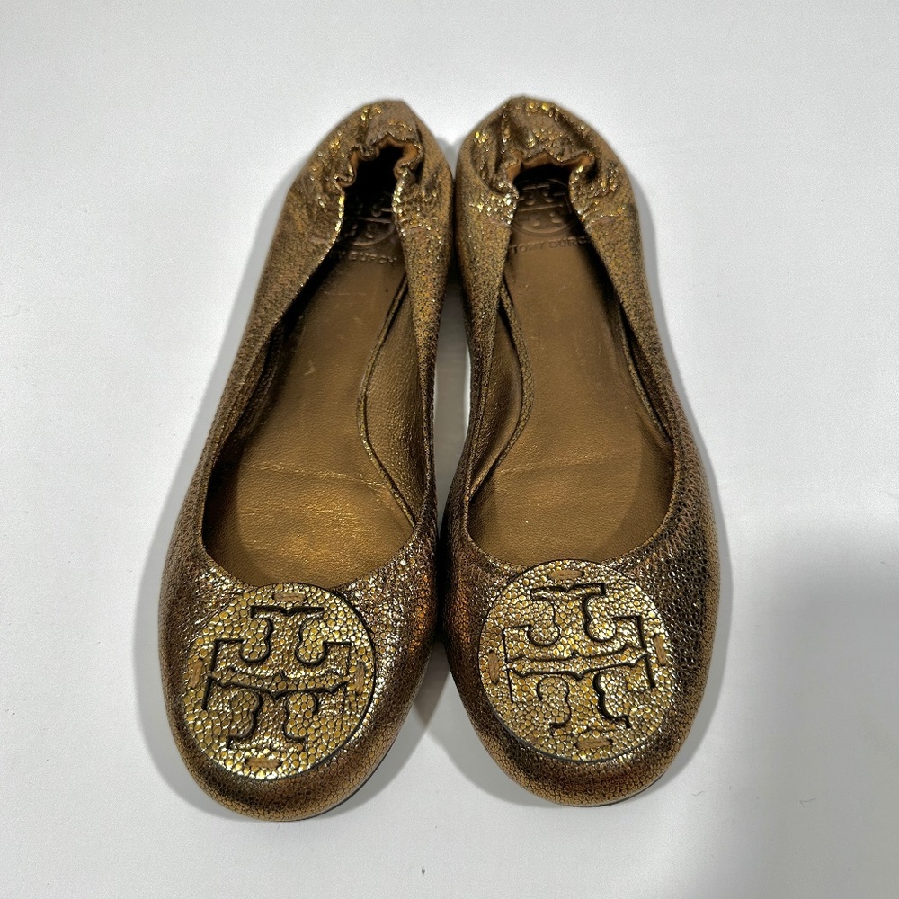 Tory Burch [ Womens 9.5 ] Metallic Crackle Leather Shine Slip on Flats in Bronze